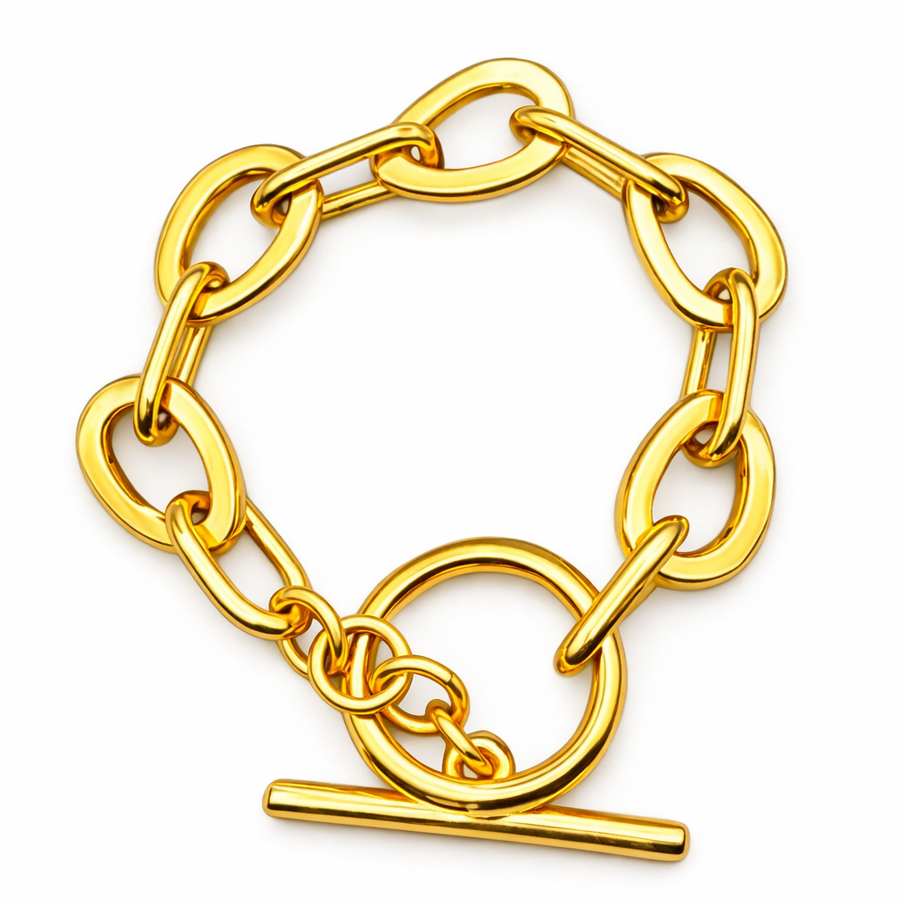 Gold chain bracelet with a clasp on a white background