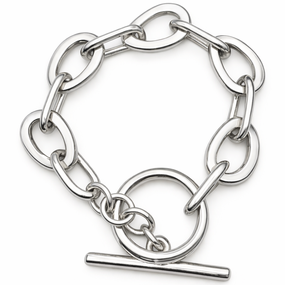 Silver chain bracelet with a clasp on a white background