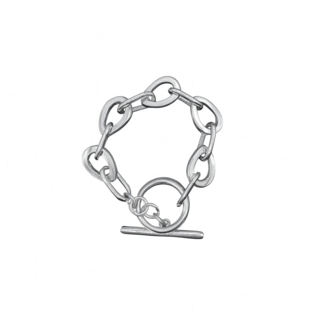 Silver chain bracelet with a clasp on a white background