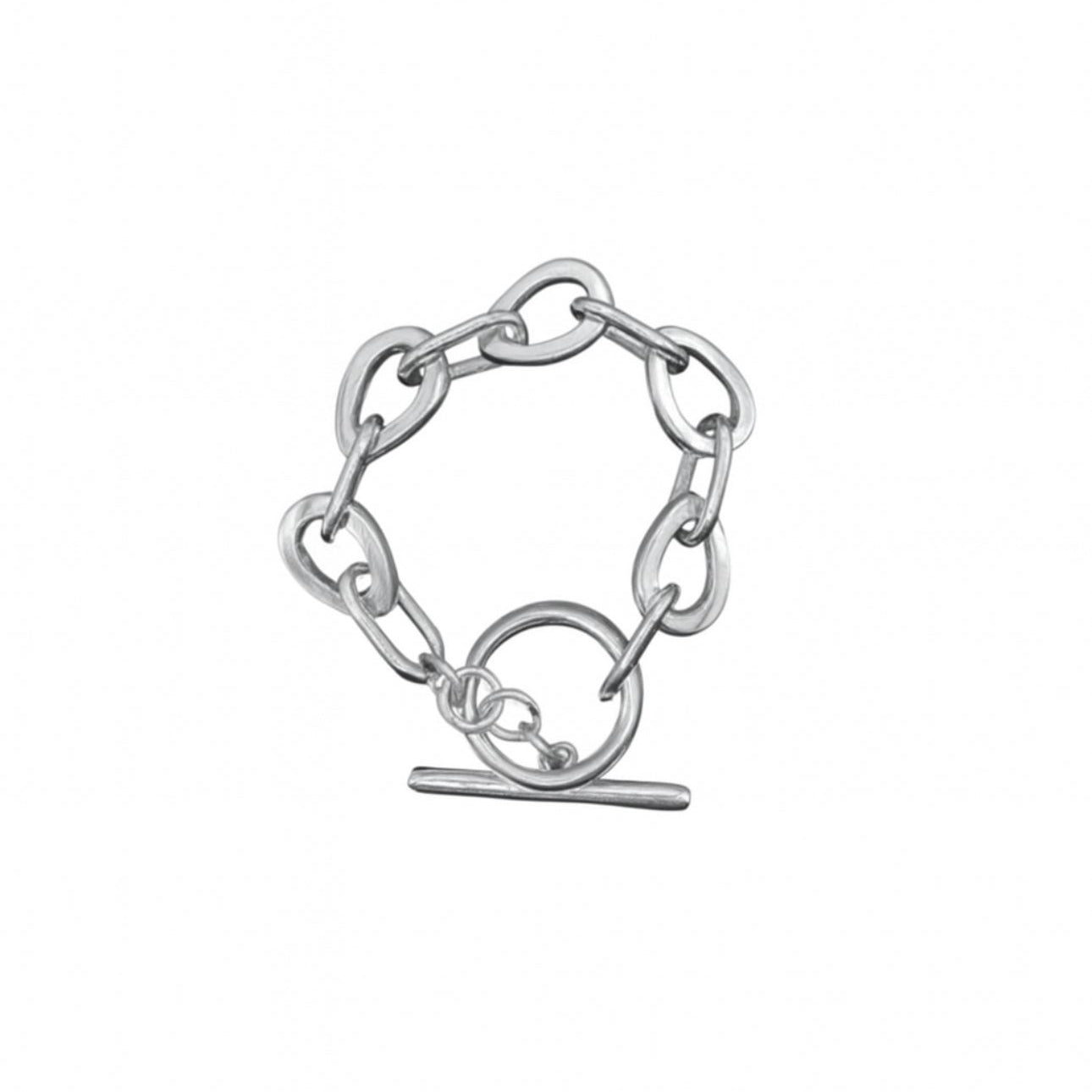 Silver chain bracelet with a clasp on a white background